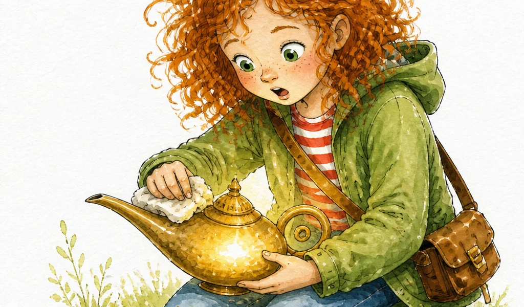 A red-haired girl rubbing a big brass oil lamp that has begun to glow — a page from The Lost Lamp, a DecodiVerse decodable storybook